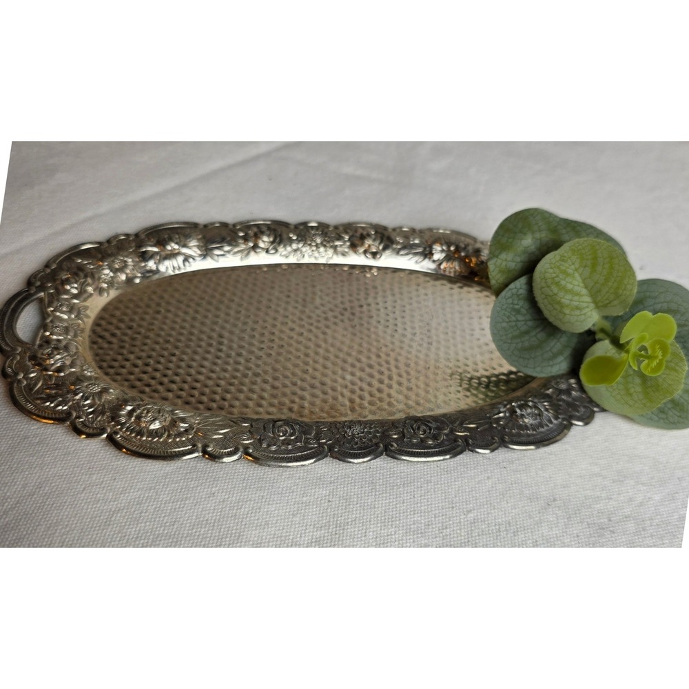 Vintage Holiday Imports Silverplate Oval Floral Repousse Hammered Vanity Tray